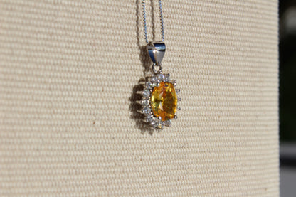 Citrine & White Sapphire Halo Pendant Necklace, 1 Carat 925 Sterling Silver