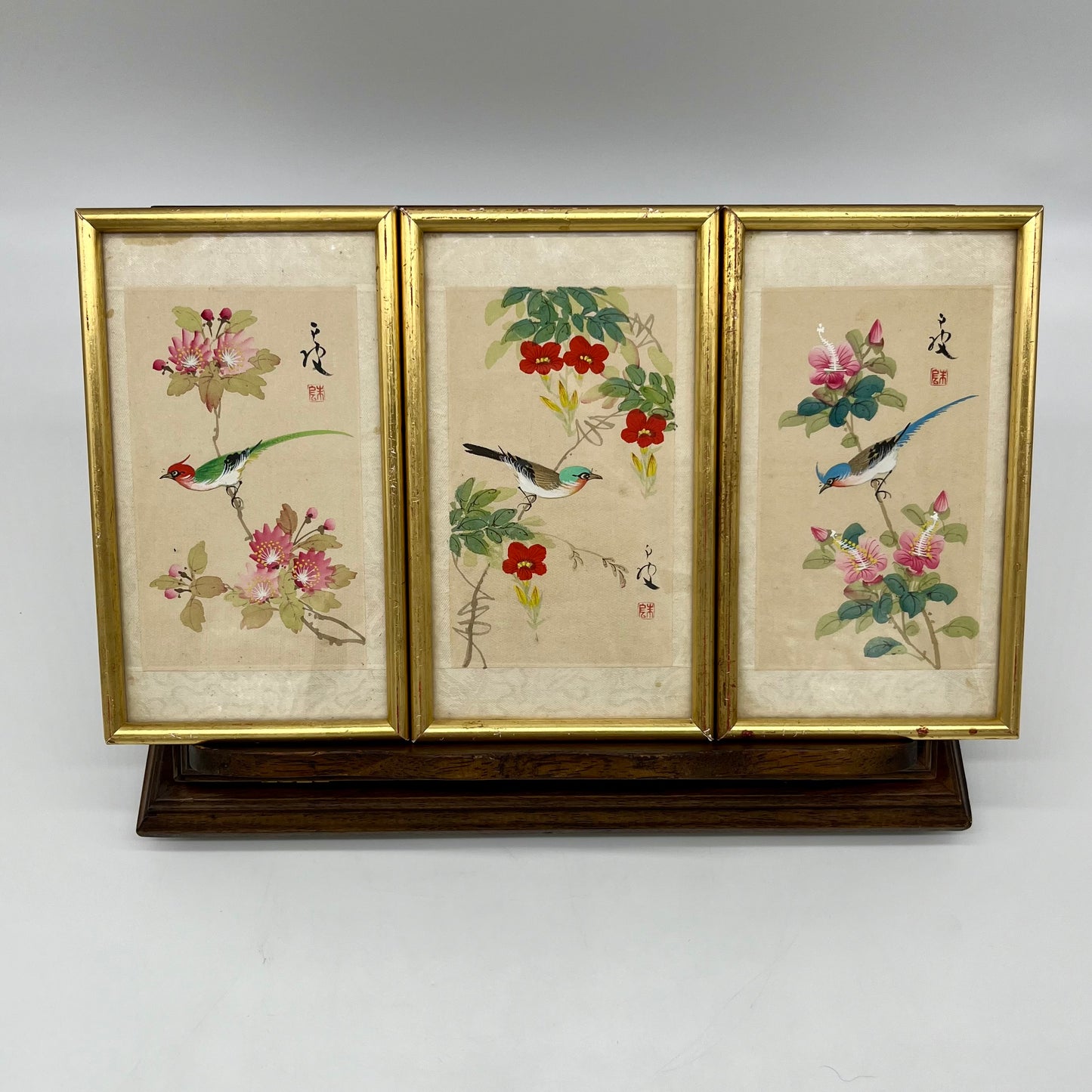 1930's Chinese Hand-painted Silk Birds (Framed Set of 3)