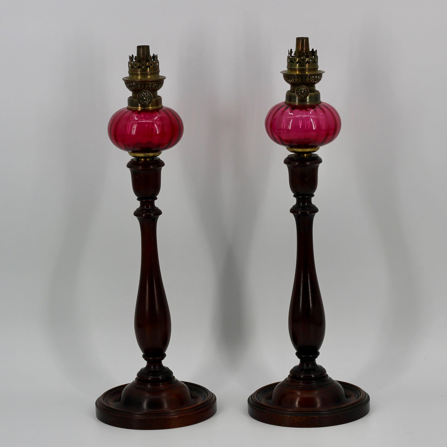 Imperial Russian Red-Font Mahogany Peg Lamp Pair