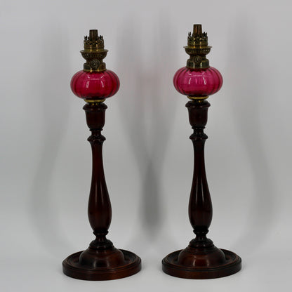 Imperial Russian Red-Font Mahogany Peg Lamp Pair