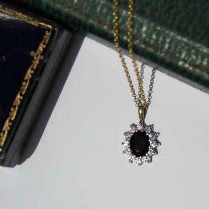 Antique Noir Sapphire & White Topaz Halo Pendant Necklace, 2.32 Carats 9K Gold