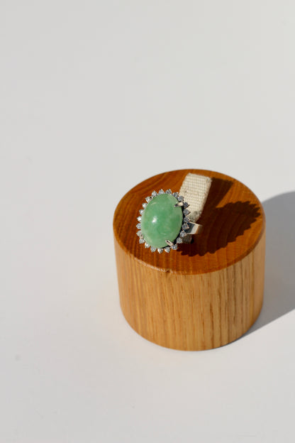 Jade Cabochon & Diamond Halo Ring, 14.13 Carats 14K Gold