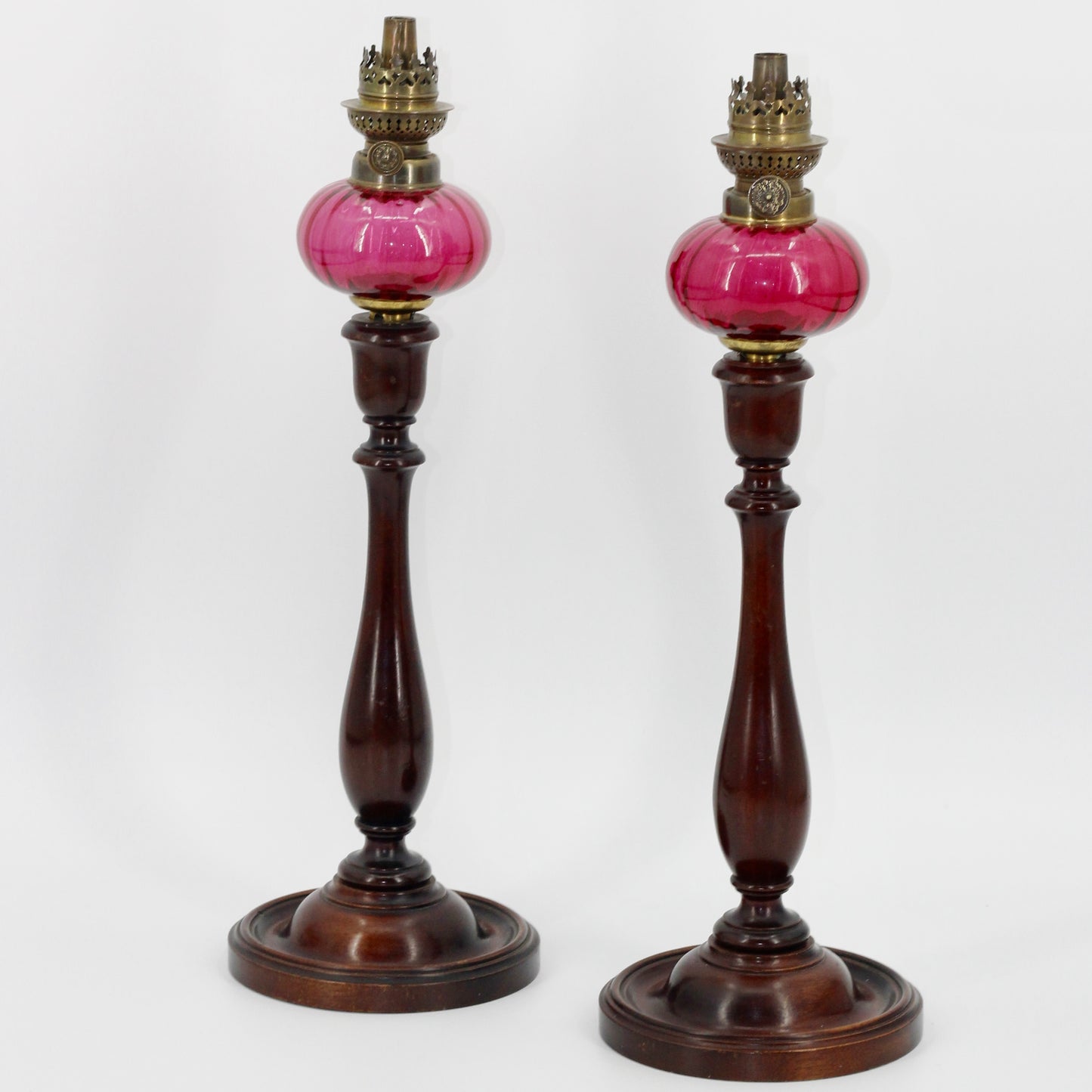 Imperial Russian Red-Font Mahogany Peg Lamp Pair