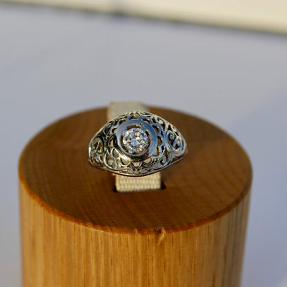 Art Deco Old European Cut Diamond Filigree Ring, 0.646 Carats 18K White Gold