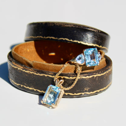 Emerald-Cut Blue Topaz Set w/ Aquamarine, 9.1 Carats 10K & 14K Gold