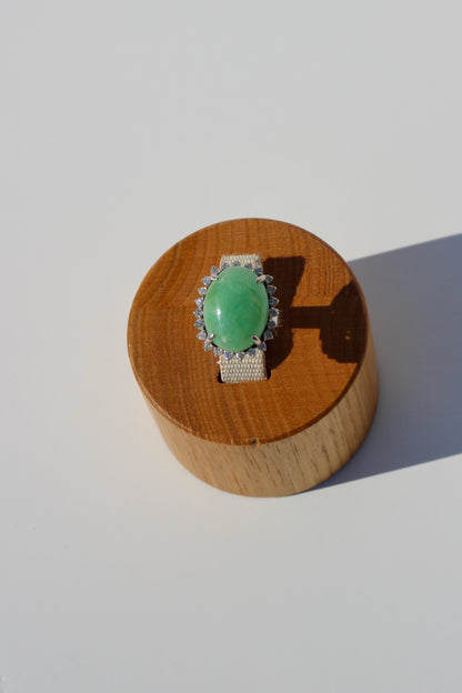 Jade Cabochon & Diamond Halo Ring, 14.13 Carats 14K Gold