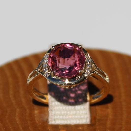 Bague en or 14 carats avec tourmaline rose et diamants, 2 ct