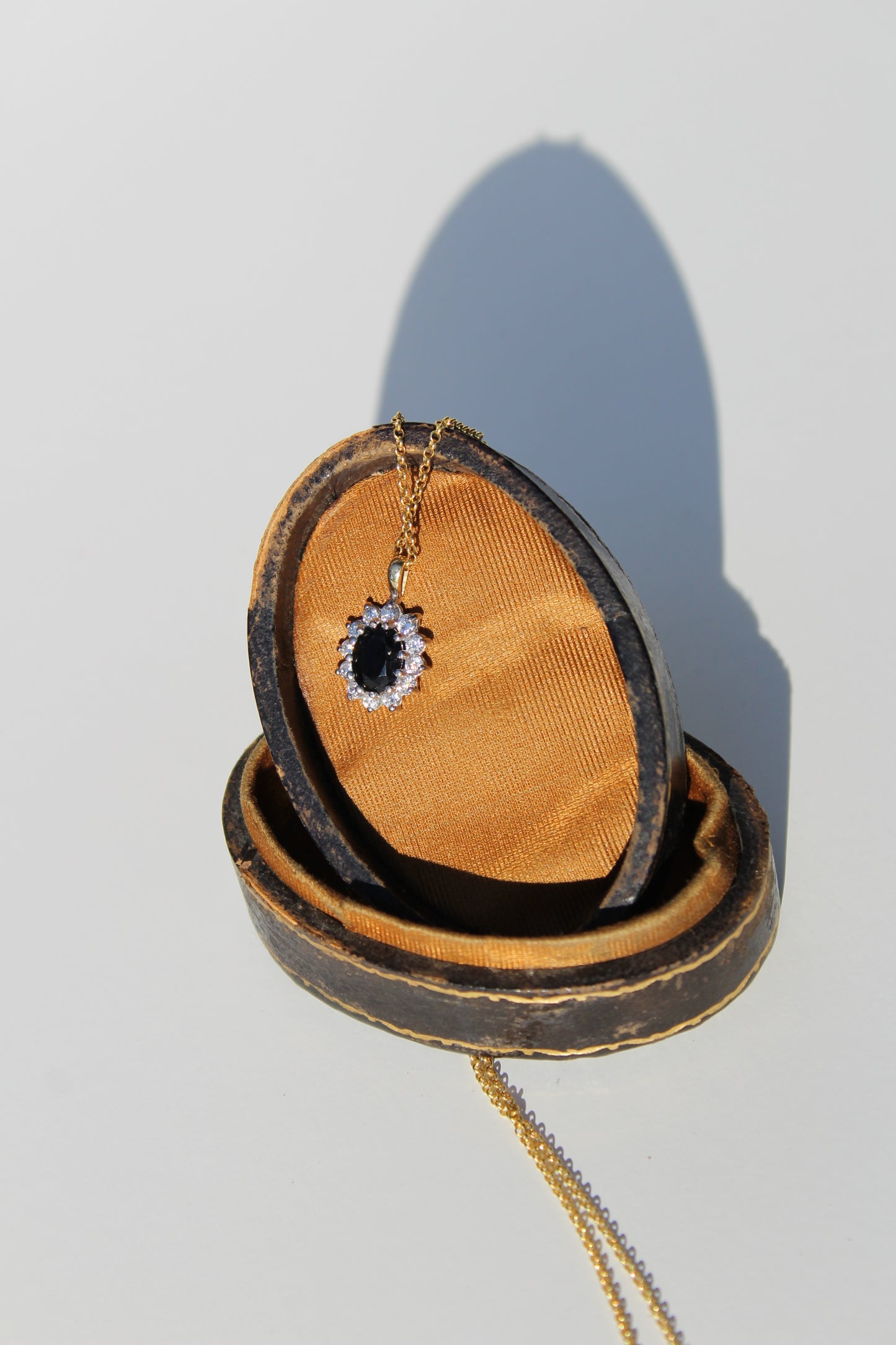 Antique Noir Sapphire & White Topaz Halo Pendant Necklace, 2.32 Carats 9K Gold