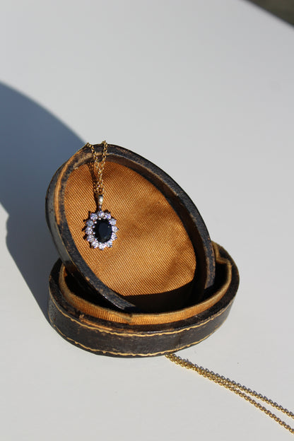Antique Noir Sapphire & White Topaz Halo Pendant Necklace, 2.32 Carats 9K Gold