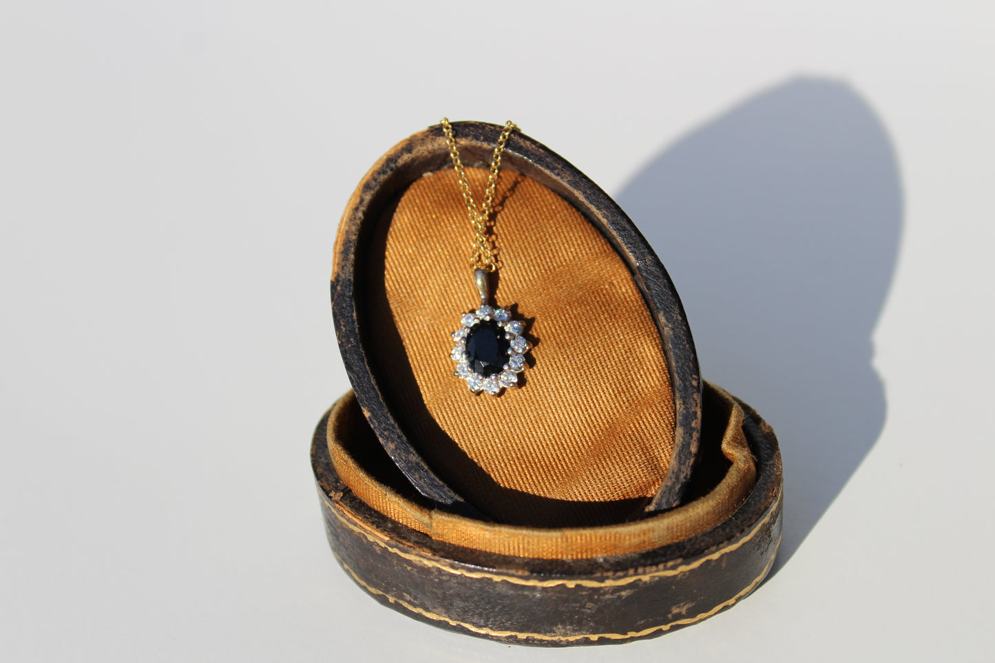 Antique Noir Sapphire & White Topaz Halo Pendant Necklace, 2.32 Carats 9K Gold