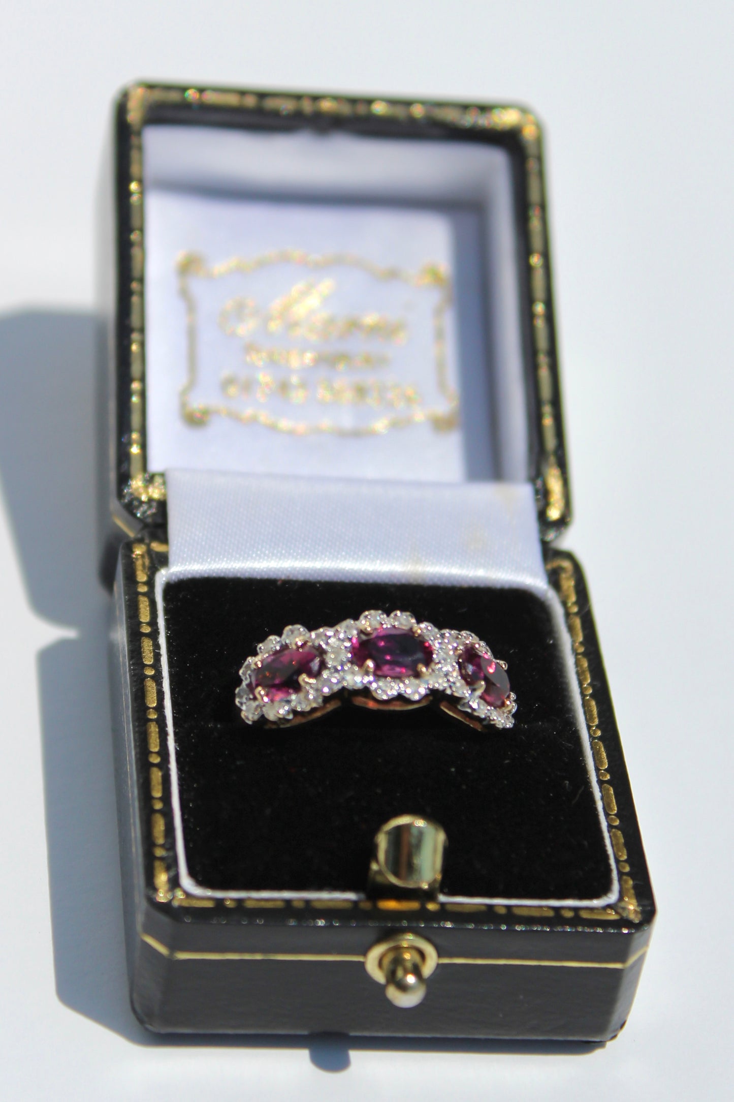 Rhodolite & Diamond Trilogy Halo Ring, 1.98 Carats 14K Two-Toned Gold