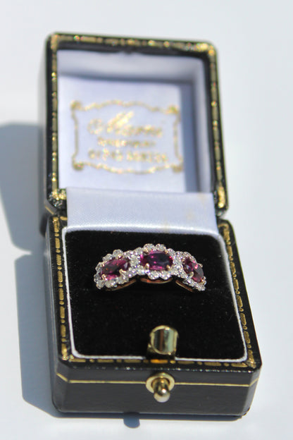 Rhodolite & Diamond Trilogy Halo Ring, 1.98 Carats 14K Two-Toned Gold