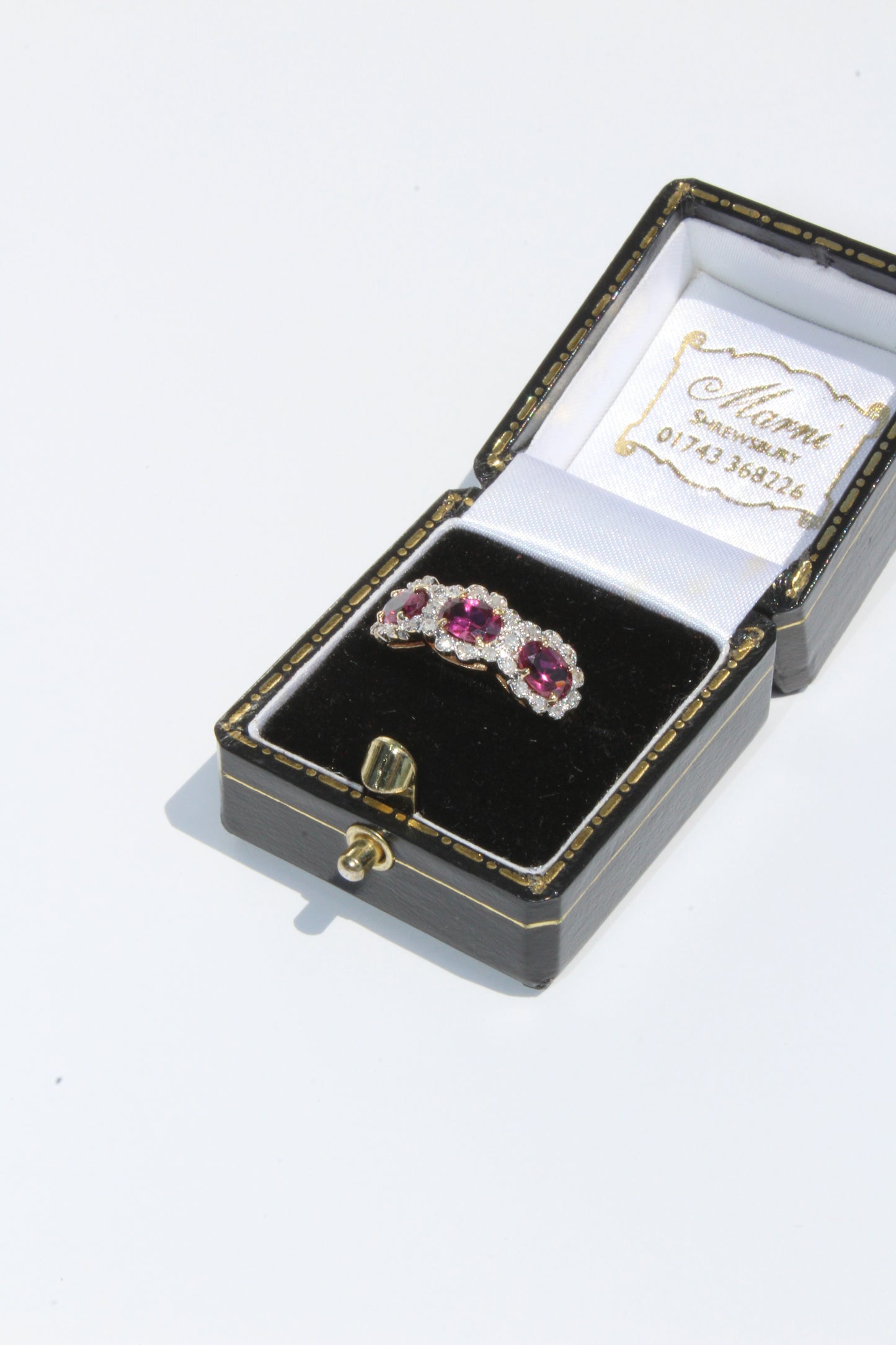 Rhodolite & Diamond Trilogy Halo Ring, 1.98 Carats 14K Two-Toned Gold