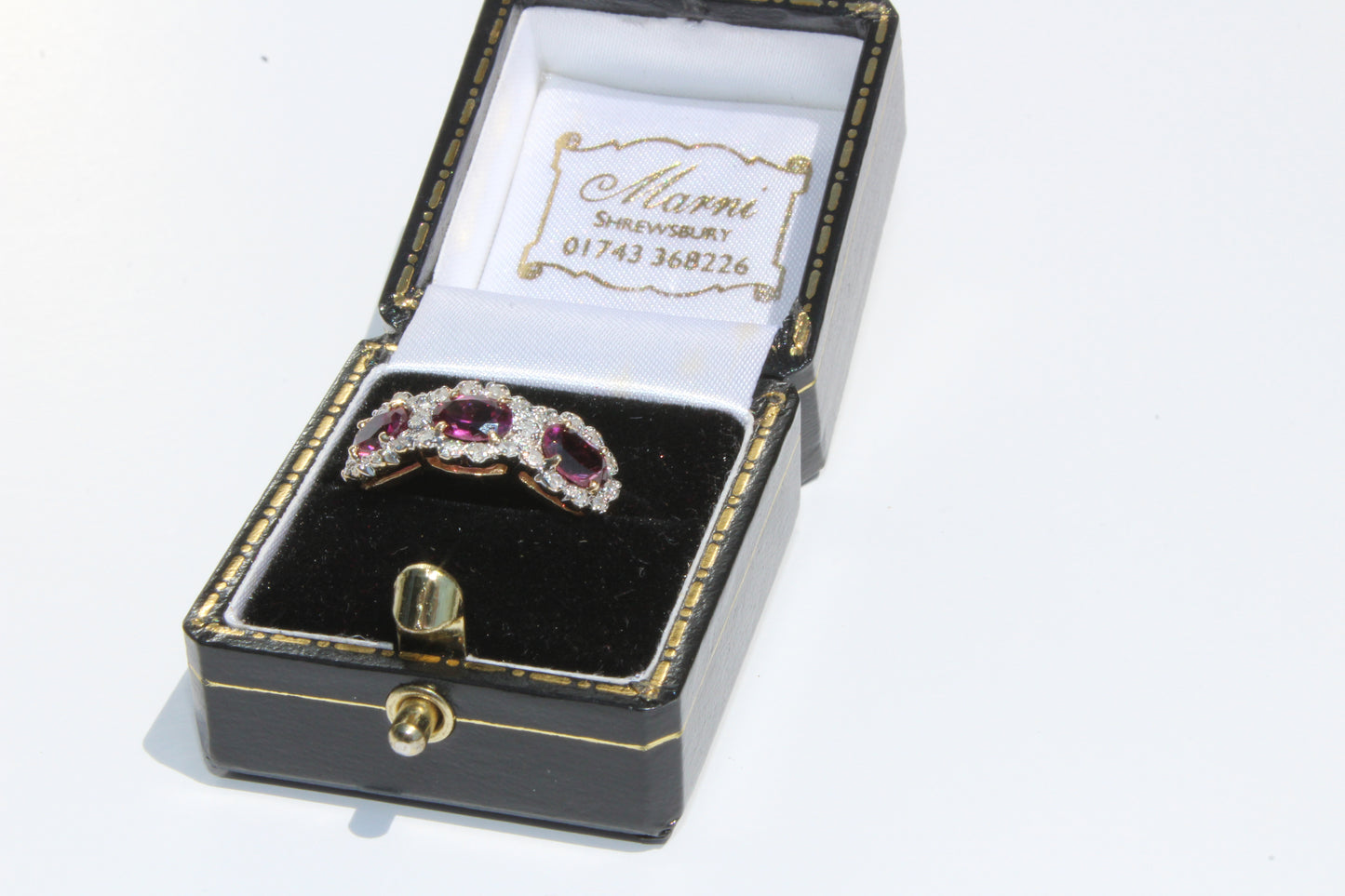 Rhodolite & Diamond Trilogy Halo Ring, 1.98 Carats 14K Two-Toned Gold
