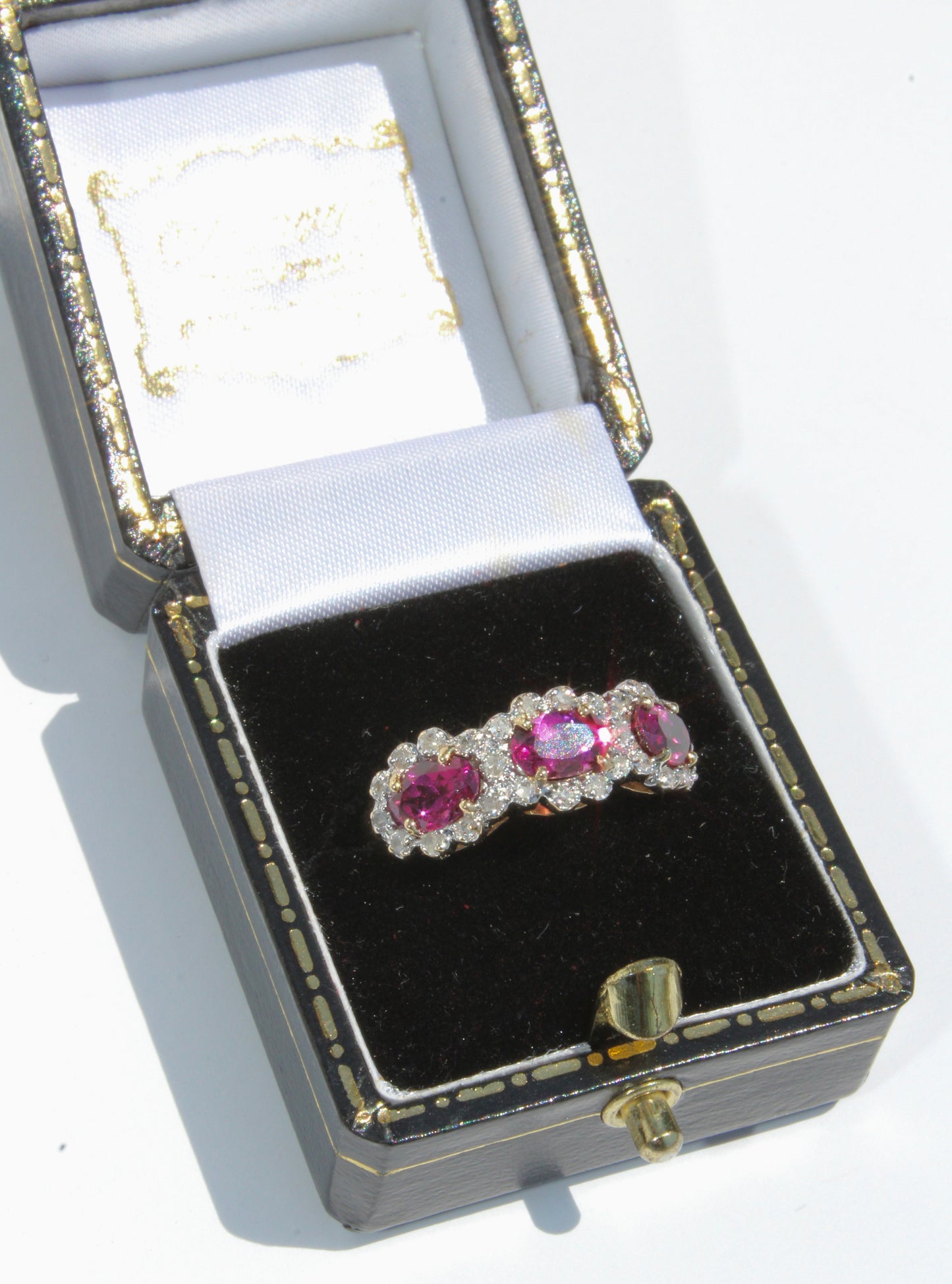 Rhodolite & Diamond Trilogy Halo Ring, 1.98 Carats 14K Two-Toned Gold