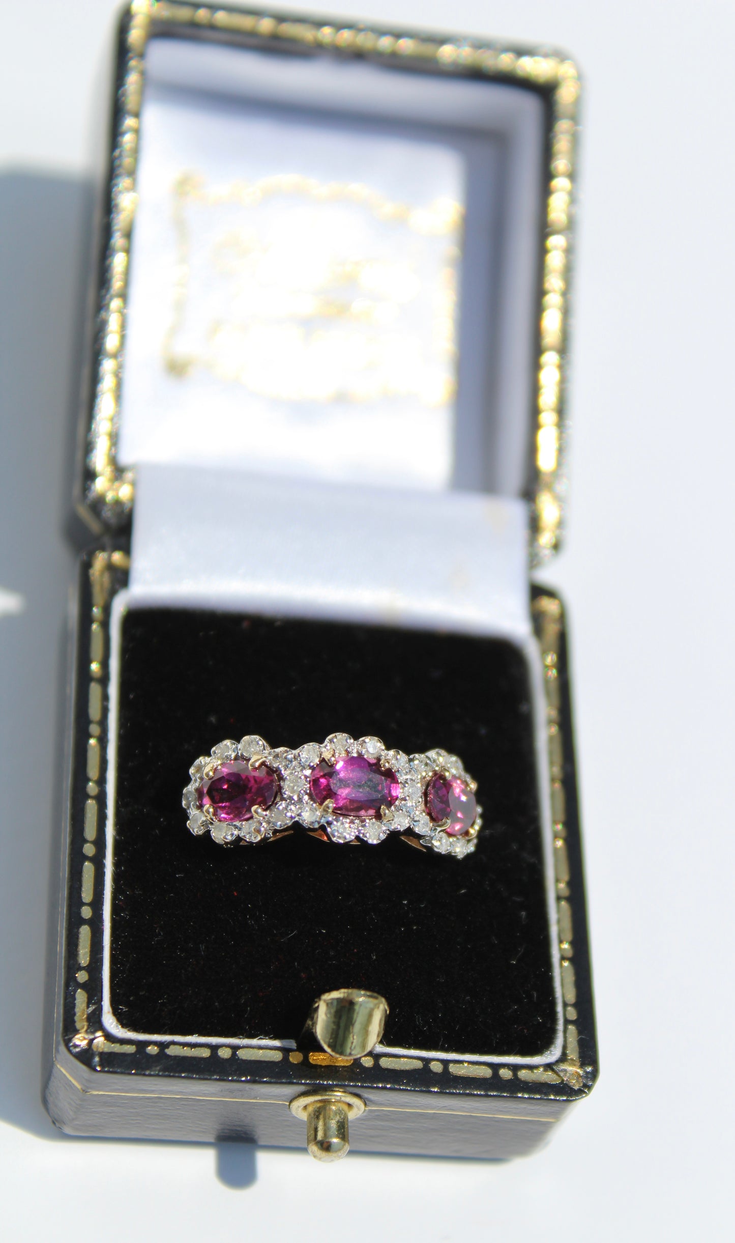 Rhodolite & Diamond Trilogy Halo Ring, 1.98 Carats 14K Two-Toned Gold