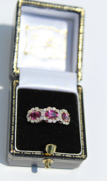 Rhodolite & Diamond Trilogy Halo Ring, 1.98 Carats 14K Two-Toned Gold