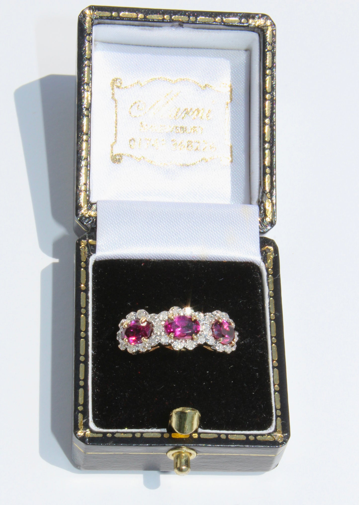 Rhodolite & Diamond Trilogy Halo Ring, 1.98 Carats 14K Two-Toned Gold