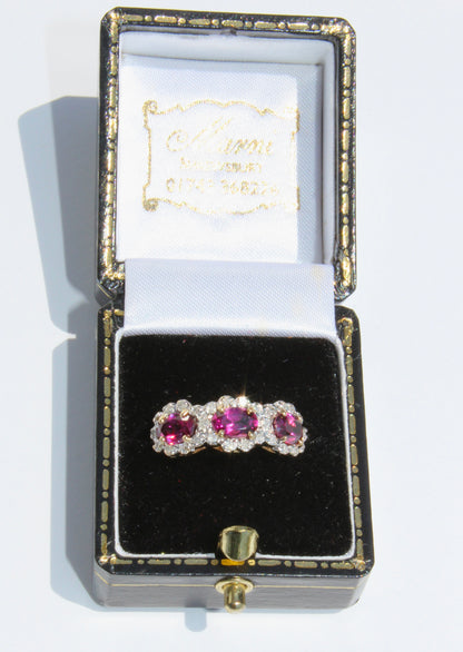 Rhodolite & Diamond Trilogy Halo Ring, 1.98 Carats 14K Two-Toned Gold