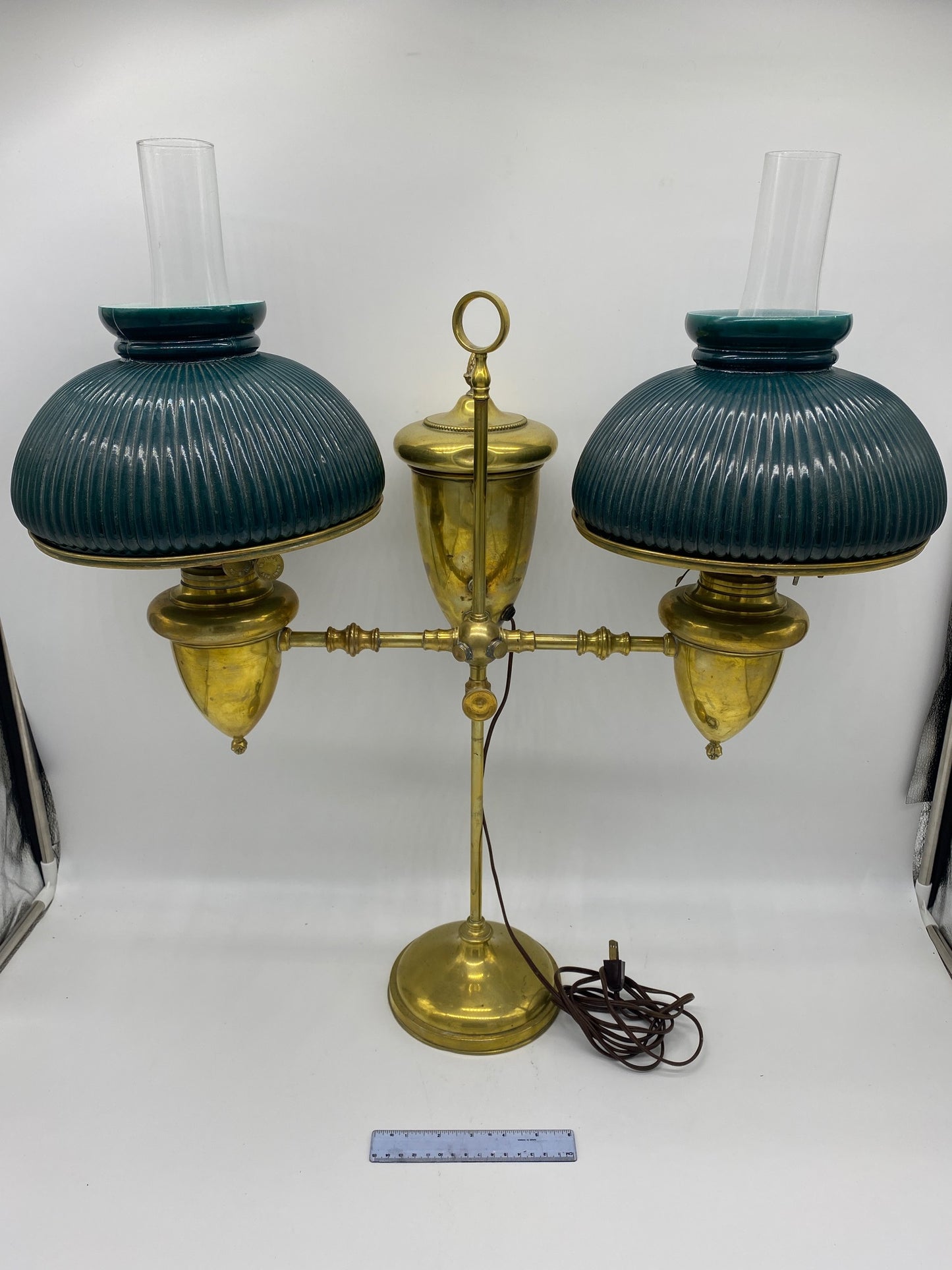 Victorian Emerald Green Ribbed Brass Double Student Lamp 1870's