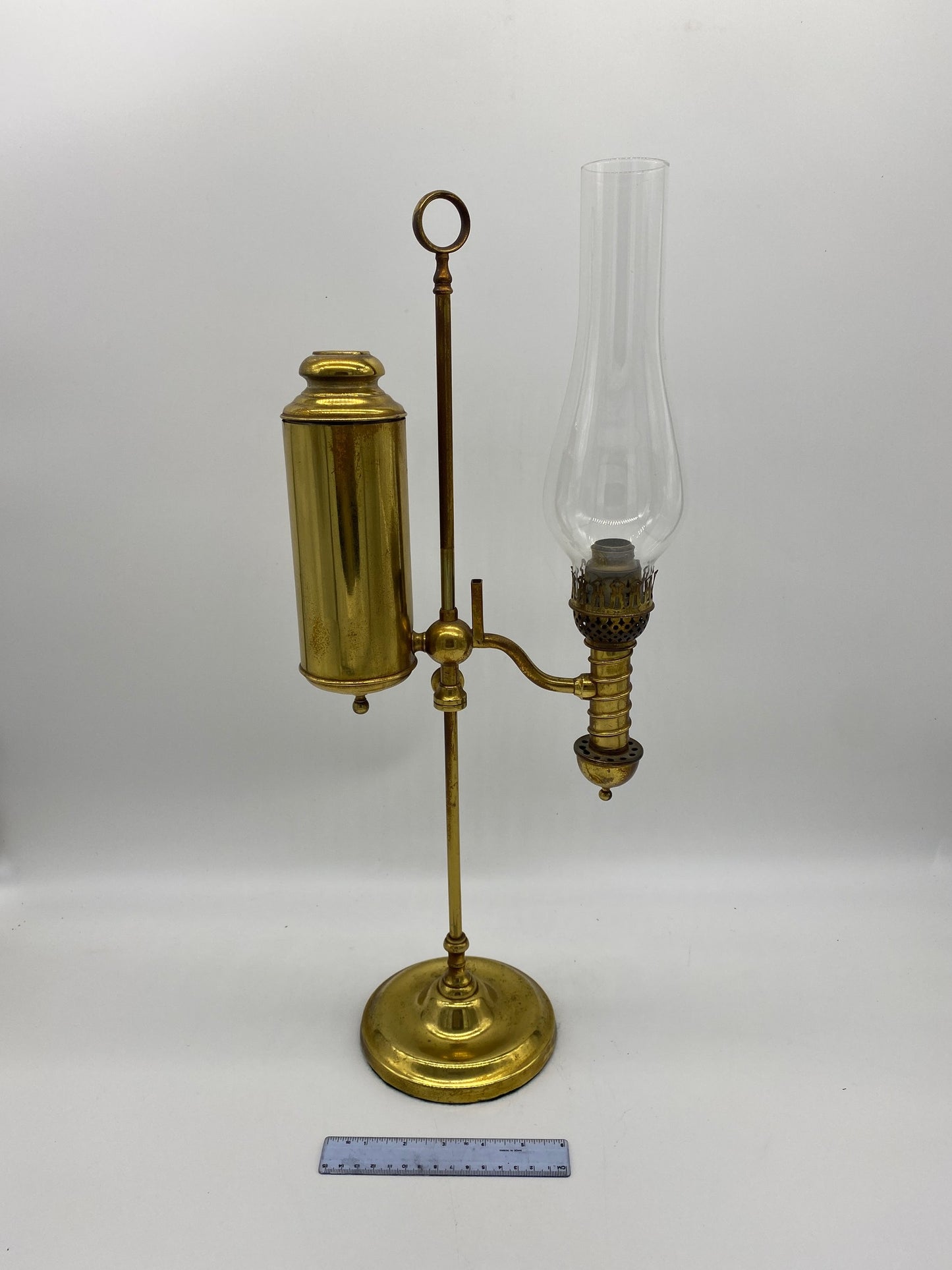 Single burner student lamp with glass chimney. All original, not electrified. Manufactured by the Manhattan Brass Company in 1877.