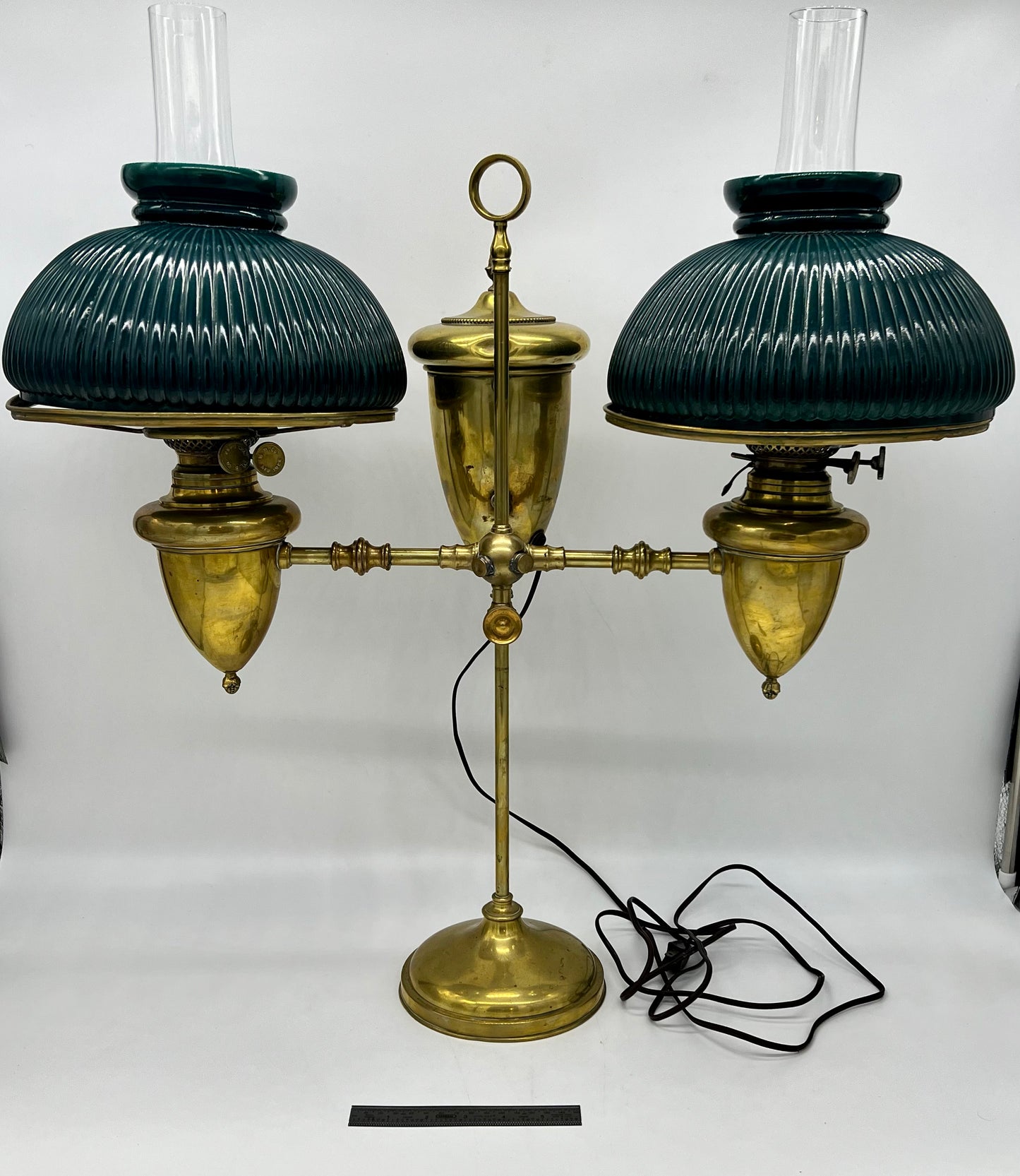 Victorian Emerald Green Ribbed Brass Double Student Lamp 1870's