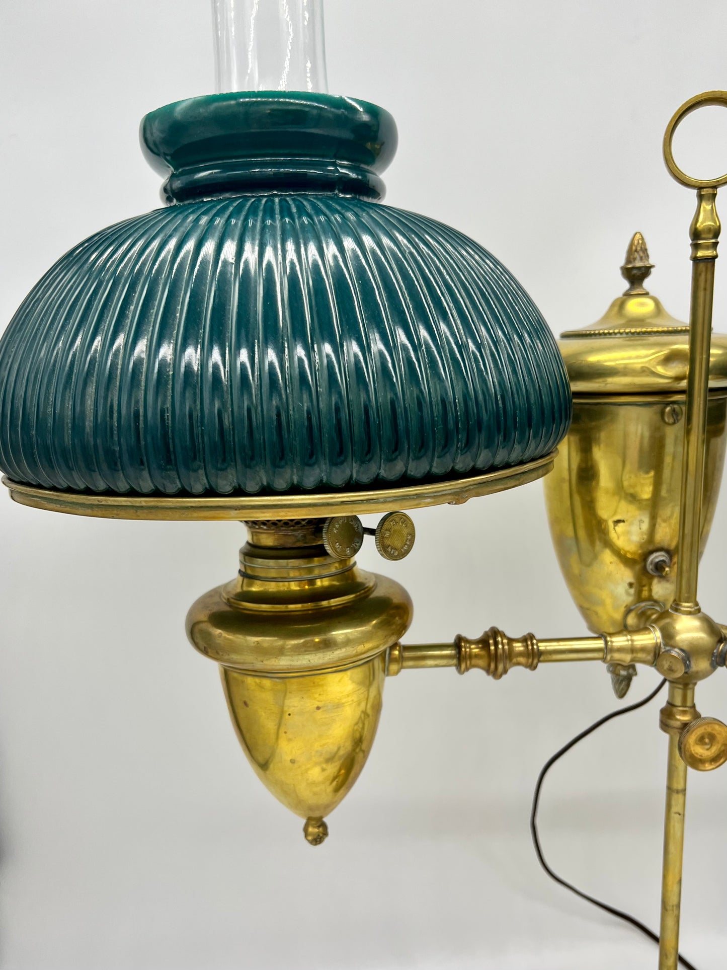 Victorian Emerald Green Ribbed Brass Double Student Lamp 1870's