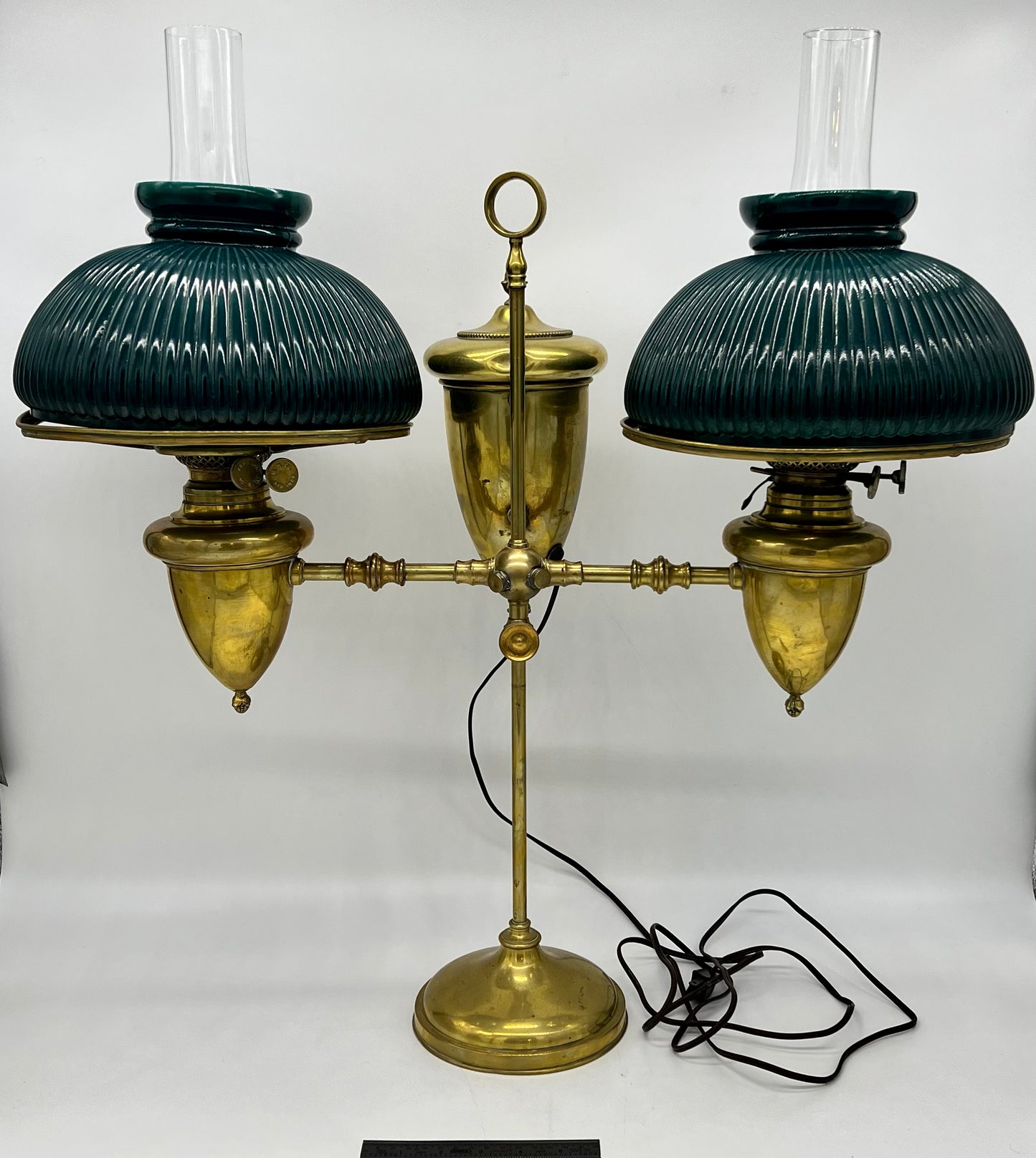 Victorian Emerald Green Ribbed Brass Double Student Lamp 1870's