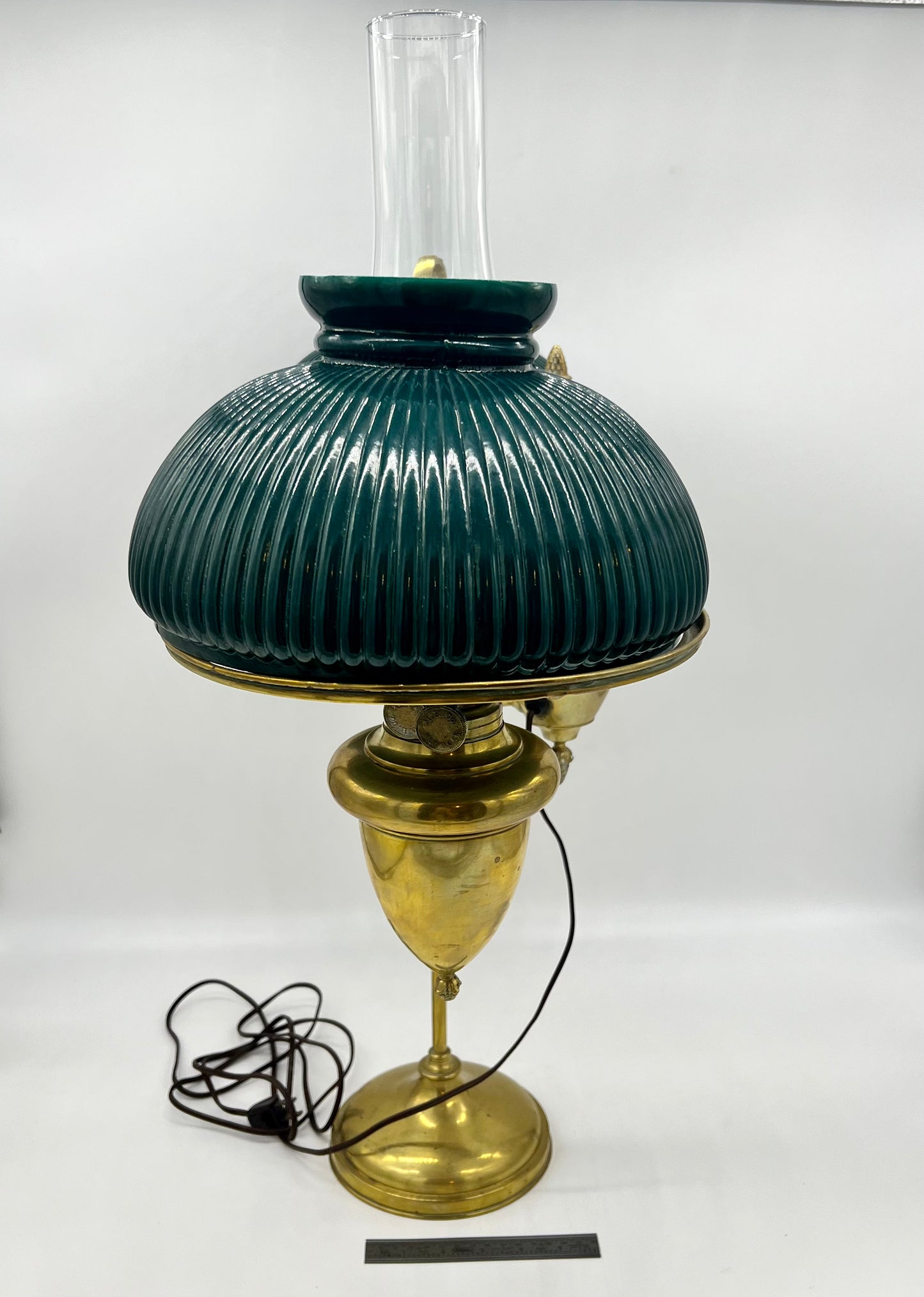 Victorian Emerald Green Ribbed Brass Double Student Lamp 1870's