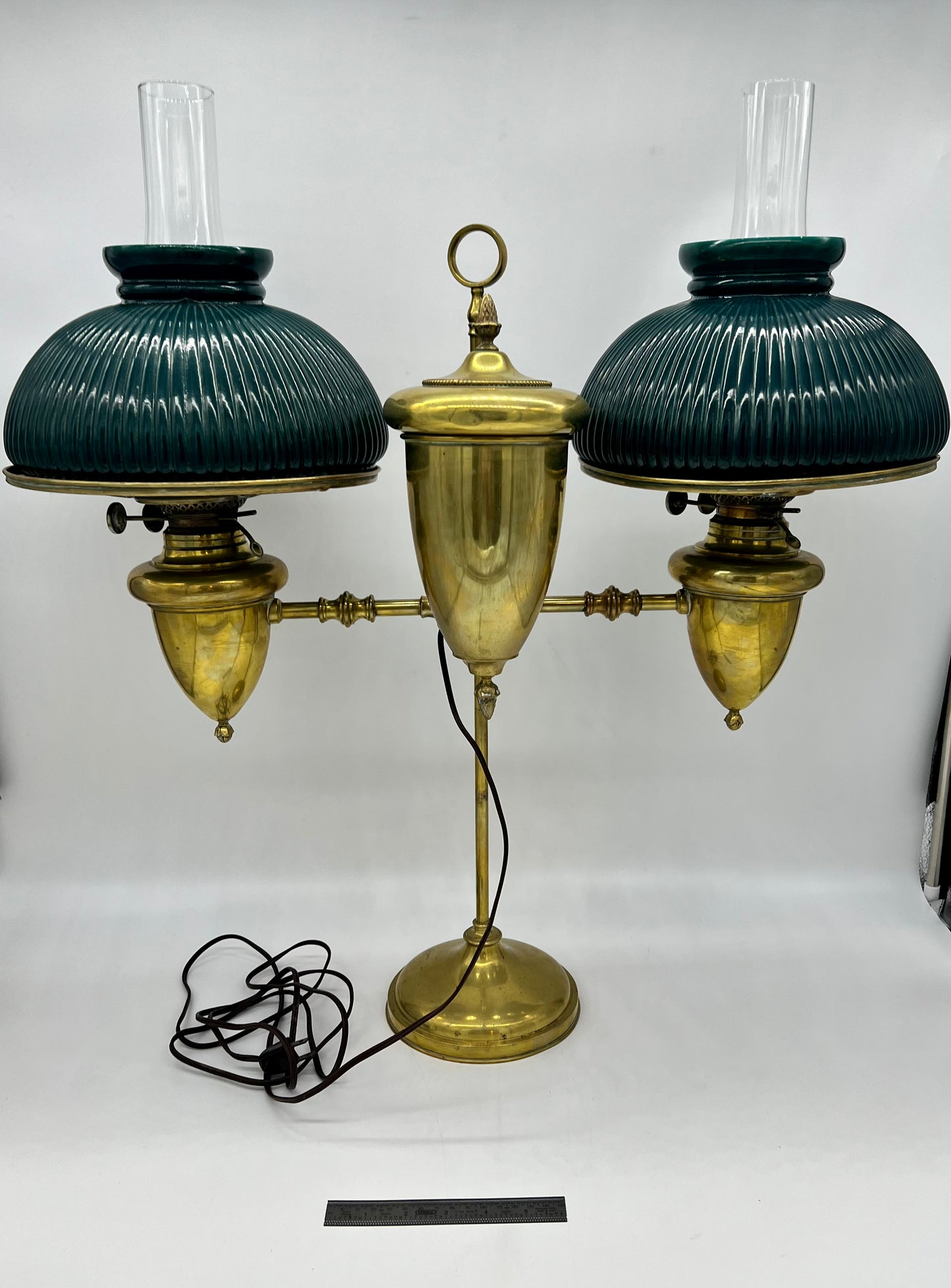 Victorian Emerald Green Ribbed Brass Double Student Lamp 1870's